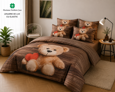 Articole de casa - Lenjerie de Pat Luxury Teddy Brown cu Elastic – 6 Piese din Bumbac Finet, 200x220 cm