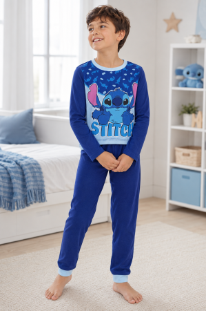 Pijamale - Pijama lungă pentru băieți, 100% bumbac, bleumarin, model Stitch