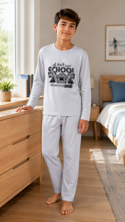 Copii - Pijama lungă pentru băieți, 100% bumbac, gri deschis, model Surf School