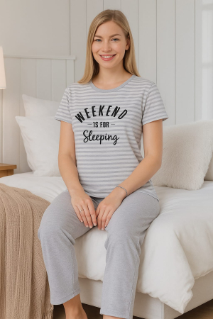 Pijamale - Pijama dama din bumbac 100%, model Gri cu dungi