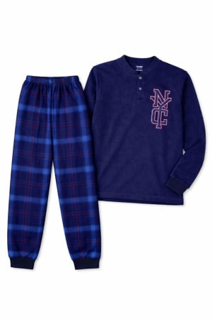 Băieți - Pijama băieți din fleece – set bluză bleumarin și pantaloni carouri albastre