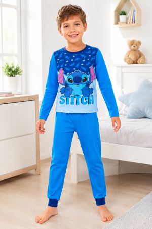 Pijamale - Pijama lungă pentru băieți, 100% bumbac, albastră, model Stitch