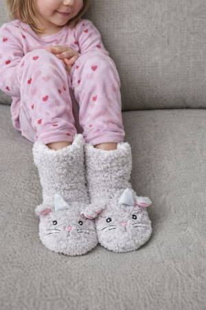 Copii - Papuci de casă copii pufoși cu model pisicuță