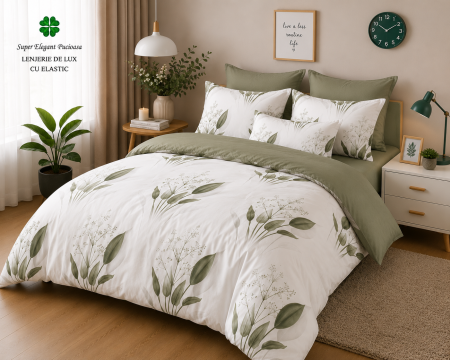 Articole de casa - Lenjerie de Pat Luxury Verde Sage cu Elastic – 6 Piese din Bumbac Finet, 200x220 cm