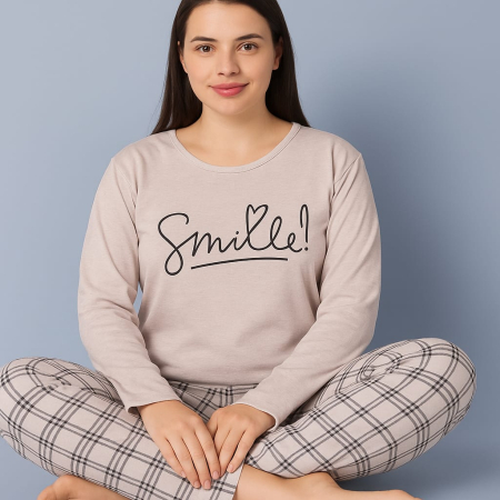 Pijamale - Pijama dama din bumbac 100%, model Roz deschis cu carouri