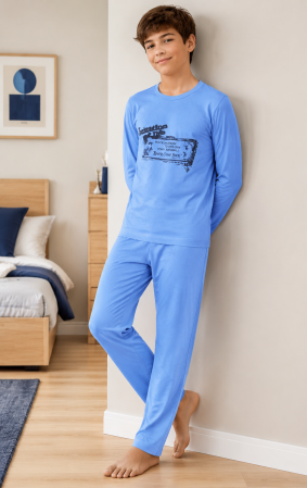 Copii - Pijama lungă pentru băieți, 100% bumbac, albastră, model Imagination of Life