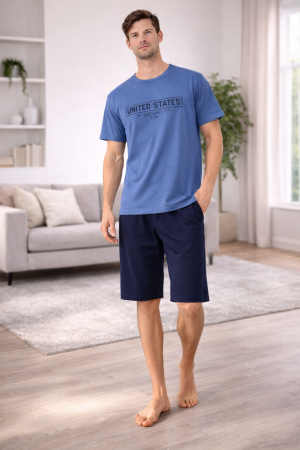 Barbati - Pijama bărbați din bumbac albastru – Set tricou „United States” și pantaloni scurți bleumarin