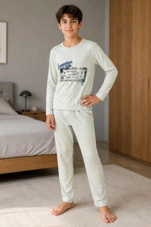 Copii - Pijama lungă pentru băieți, 100% bumbac, verde deschis, model Imagination of Life
