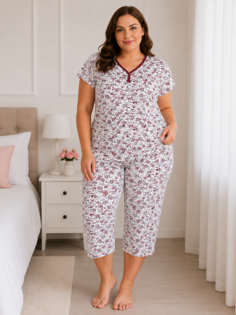 Pijama - Pijama damă din bumbac 100% cu imprimeu floral bordo, tricou cu mânecă scurtă și pantaloni 3/4