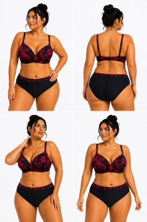 Articole de plaje - Costum de baie două piese damă, negru cu imprimeu floral roșu, talie înaltă