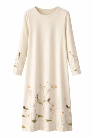 Femei - Cămașă de noapte damă crem, cu mânecă lungă și imprimeu floral