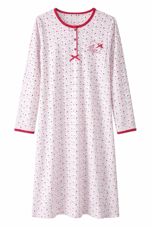 Femei - Cămașă de noapte damă din bumbac, cu mânecă lungă și imprimeu romantic