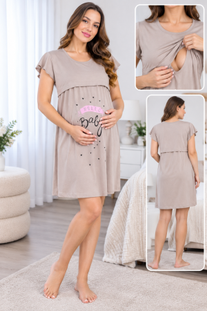 Femei - Cămașă de noapte gravide și alăptare, bej, cu deschidere specială și imprimeu Hello Baby