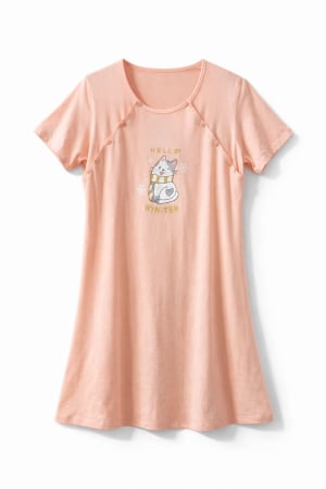 Articole gravide - Cămașă de noapte pentru alăptat, bumbac, cu nasturi laterali – model Hello Winter, culoare roz pal