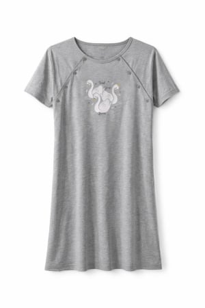 Articole gravide - Cămașă de noapte pentru alăptat, gri, cu nasturi laterali, bumbac moale, mânecă scurtă