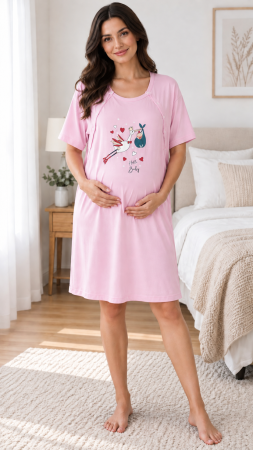 Femei - Cămașă de noapte pentru gravide și alăptare, roz, cu capse și imprimeu Hello Baby