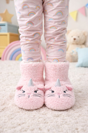 Copii - Cizmulițe de casă pentru copii – Pisicuță Roz Pufoasă