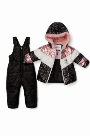 Combinezon bebe - Compleu de iarnă copii – Salopetă cu bretele + Geacă matlasată, impermeabilă, roz/ negru