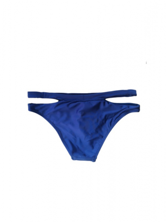 Costum de baie albastru satinat, sutien cu cupe si benzi decorative, slip cu decupaje [2]