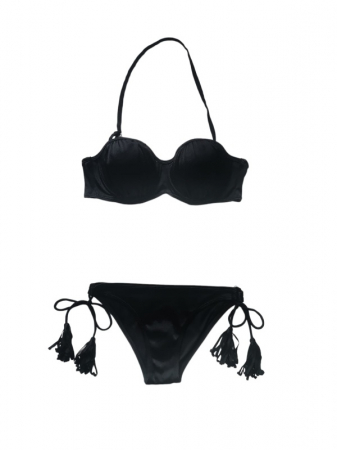 Costum de baie negru, sutien balconet cu bretele reglabile si detasabile, slip reglabil cu ciucuri [0]