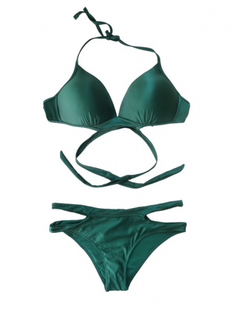 Costum de baie verde satinat, sutien cu cupe si benzi decorative, slip cu decupaje [0]