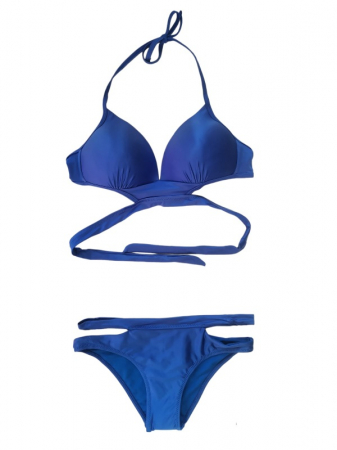 Costume de baie - Costum de baie albastru satinat, sutien cu cupe si benzi decorative, slip cu decupaje