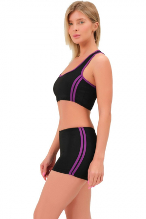 Costum de baie 2 piese, chilot tip boxeri, sutien tip bustiera, Negru cu Dungi Mov [3]