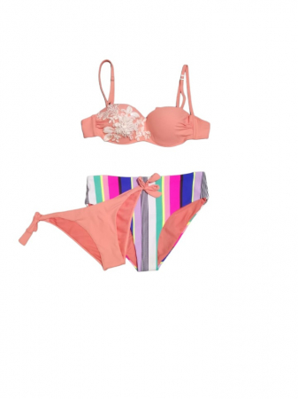 Femei - Costum de baie , 3 piese , portocaliu deschis (piersica) , chilot cu talie inalta + chilot normal ,sutien balconet