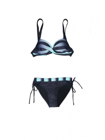 Costume de baie - Costum de baie negru cu dungi, sutien cu dublu pus-up si bretele reglabile, slip clasic