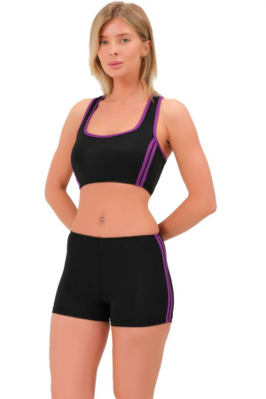 Costum de baie 2 piese, chilot tip boxeri, sutien tip bustiera, Negru cu Dungi Mov [1]