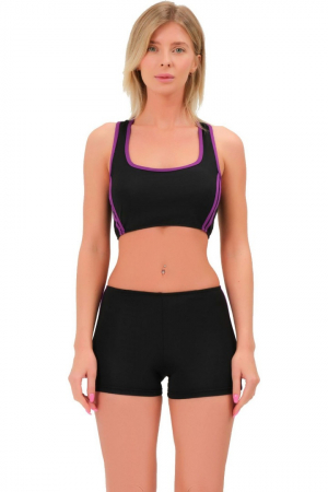 Costum de baie 2 piese, chilot tip boxeri, sutien tip bustiera, Negru cu Dungi Mov [0]