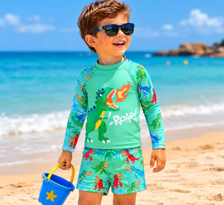 Compleu bebe - Costum de baie băieți 2 piese cu dinozauri – Bluză UV cu mânecă lungă și șort pentru plajă și piscină
