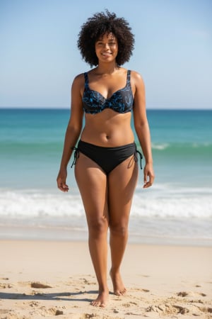 Femei - Costum de baie damă, 2 piese, sutien fără burete cu armătură și slip clasic reglabil, negru cu imprimeu albastru