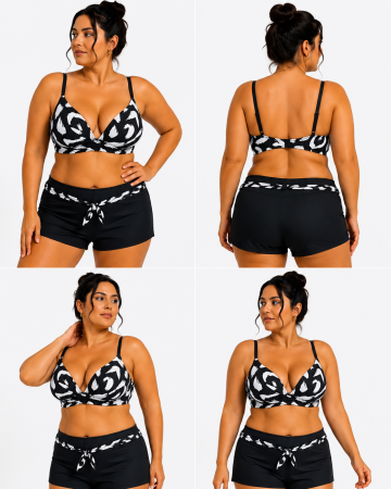 Articole de plaje - Costum de baie damă două piese cu pantaloni scurți, imprimeu abstract alb-negru
