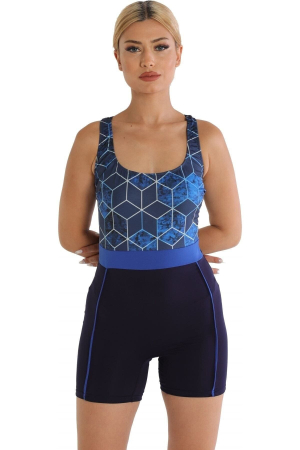 Costum de baie damă întreg cu pantaloni tip boxer, imprimeu geometric albastru [1]