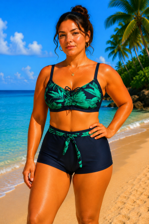 Costume de baie plus size - Costum de baie damă plus size 2 piese cu bustieră și boxeri bleumarin tropical