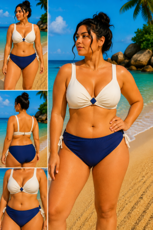 Articole de plaje - Costum de baie două piese damă, sutien alb cu accesoriu decorativ și slip bleumarin cu șnururi laterale
