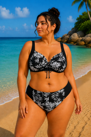 Femei - Costum de baie două piese Plus Size, imprimeu tropical alb-negru, sutien cu șnur reglabil și chilot cu laterale late