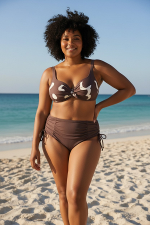 Femei - Costum de baie două piese Plus Size, maro cu imprimeu crem, sutien buretat și chilot cu talie înaltă reglabil