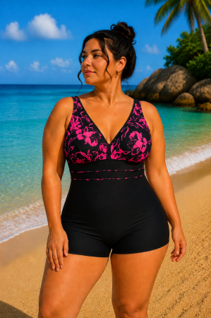 Femei - Costum de baie întreg cu boxer, Plus Size , imprimeu floral roz-negru și efect modelator