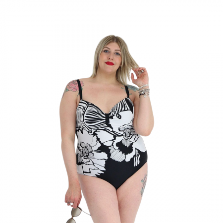 Costume de baie - Costum de baie intreg, negru cu turcoaz, cupe, bretele reglabile