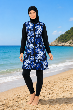 Articole de plaje - Costum de baie modest damă tip Burkini cu hijab , 4 piese, Negru cu imprimeu floral albastru