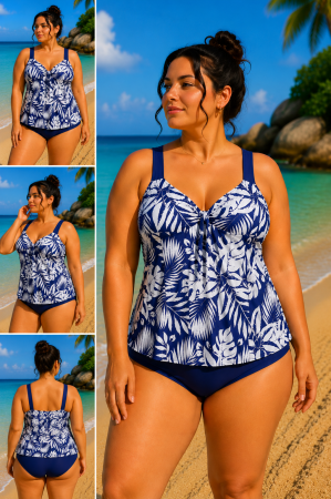 Femei - Costum de baie tankini mărimi mari cu imprimeu tropical albastru și slip bleumarin clasic