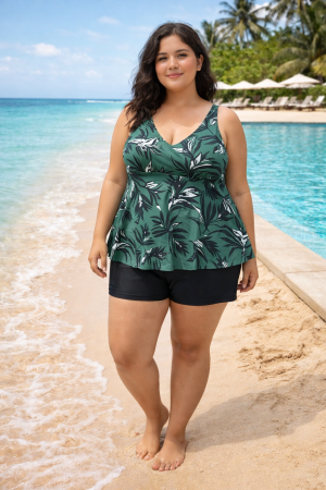 Femei - Costum de baie tankini verde tropical cu pantaloni scurți – Plus Size