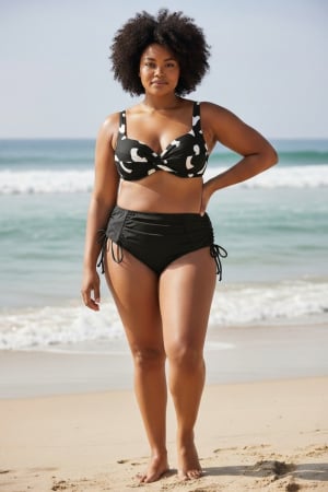 Femei - Costum de baie două piese Plus Size, negru cu imprimeu alb, sutien buretat și chilot cu talie înaltă reglabil