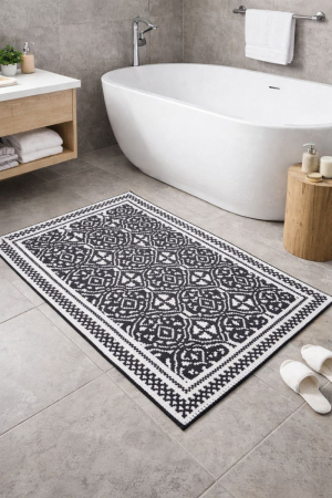 Covoare - Covor din bumbac alb-negru cu model geometric 50x80 cm– lavabil, pentru baie, hol sau intrare