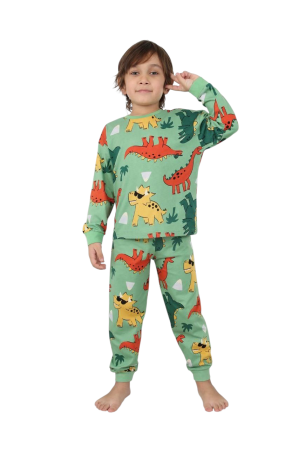 Copii - Pijama cu dinozauri, verde, 100% bumbac
