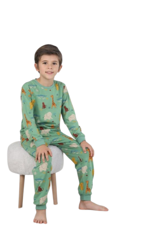 Pijama cu animalute, verde, 100% bumbac [2]