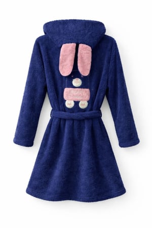 Halate - Halat cocolino pentru femei, bleumarin, cu glugă și aplicație decorativă – pufos și călduros