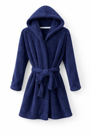 Halat cocolino pentru femei, bleumarin, cu glugă și aplicație decorativă – pufos și călduros [1]